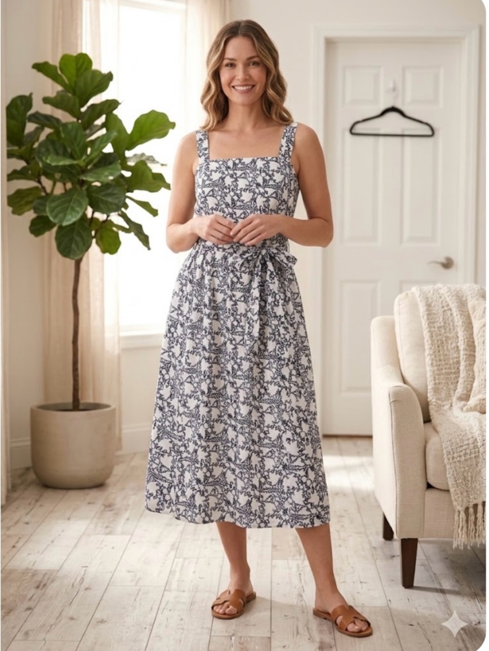 Club Monaco Navy Floral Square-Neck Midi Dress